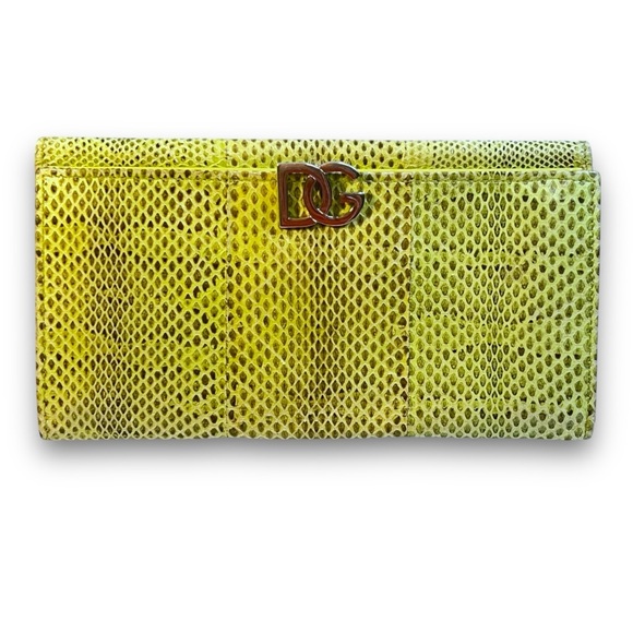 DOLCE & GABBANA🎈SALE Lime Green Genuine Reptile Wallet Silver Tone Logo Closure - Picture 4 of 17